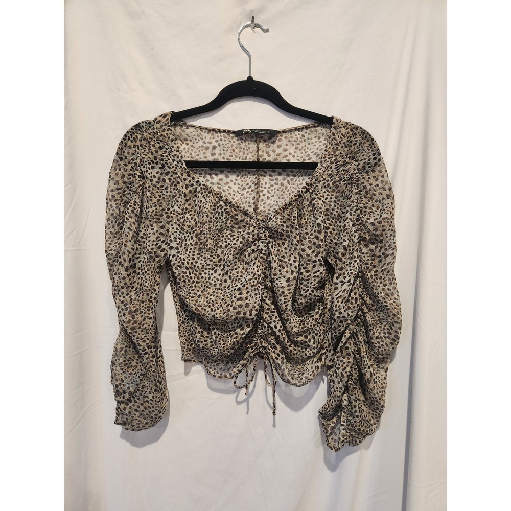 Chic Zara Leopard Print Ruched Crop Top Brown Metallic Gold Long Sleeve Blouse M